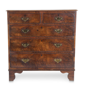 A Georgian chest of five drawers, mahogany with later brass swing handles, circa 1790, 98cm high, 94cm wide, 46cm deep