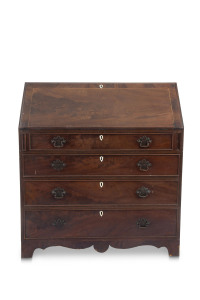 A Georgian bureau, flame mahogany with bone escutcheons, circa 1810, 111cm high, 102cm wide, 50cm deep