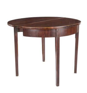 A Georgian demi-lune fold over tea table, flame mahogany with satinwood inlay, early 19th century, 69cm high, 91cm wide, 46cm deep