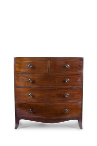 A Georgian bow fronted five drawer chest with inlaid Greek key and cockbeading, circa 1810, 114cm high, 106cm wide, 51cm deep