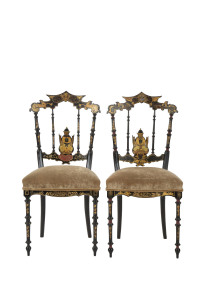 A pair of Chinoiserie hall chairs, ebonised finish with gilt decoration, late 18th century