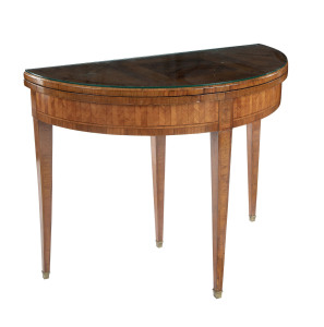 A French demi-lune fold over games table, velvet cloth interior with parquetry games top, early 19th century, 77cm high, 99cm wide, 50cm deep