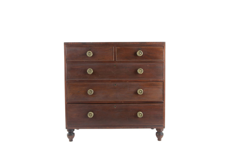 A Georgian five drawer chest, mahogany with circular brass handles, circa 1820, ​105cm high, 105cm wide, 50cm deep