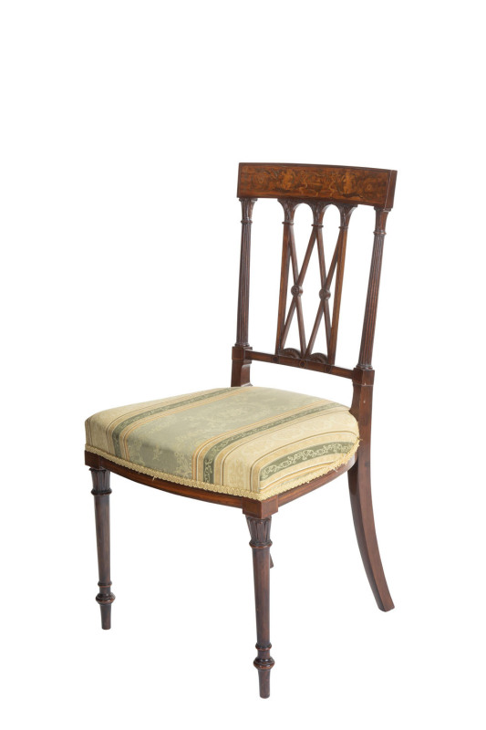 An antique Sheraton dining chair, finely carved mahogany with parquetry spade back