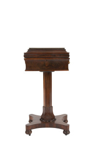 A William IV work box on stand, rosewood, circa 1835, 79cm high, 40cm wide, 34cm deep