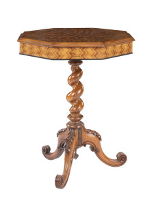 An Italian walnut wine table with inlaid exhibition top, 19th century, 73cm high, 56cm wide, 56cm deep
