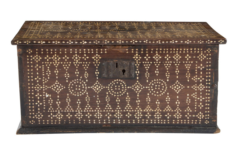 An Indo-Portuguese blanket box of Goan origin, teak with inlaid bone and mother of pearl, 19th century, 28cm high, 60cm wide, 29cm deep