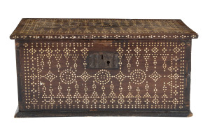 An Indo-Portuguese blanket box of Goan origin, teak with inlaid bone and mother of pearl, 19th century, 28cm high, 60cm wide, 29cm deep