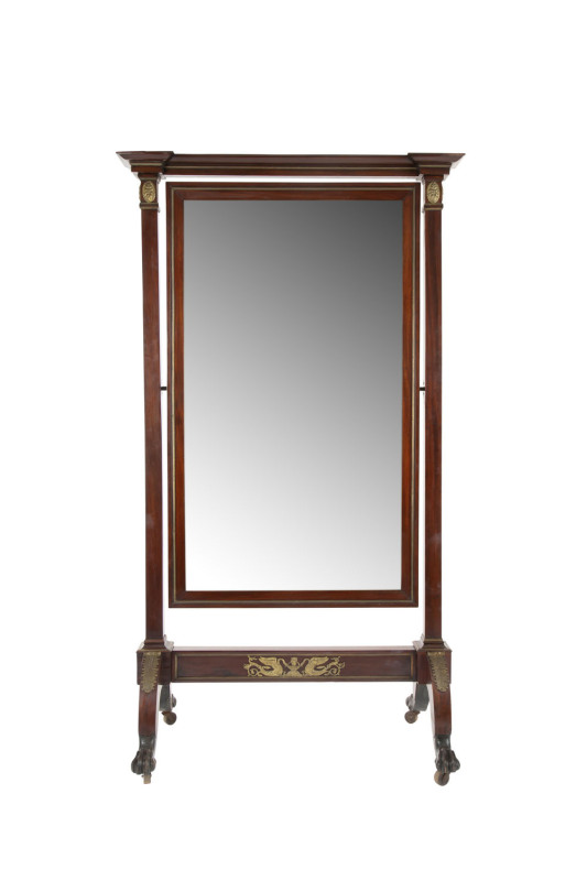 A French Empire cheval mirror, mahogany with ormolu mounts, 19th century, 189cm high, 106cm wide, 51cm deep