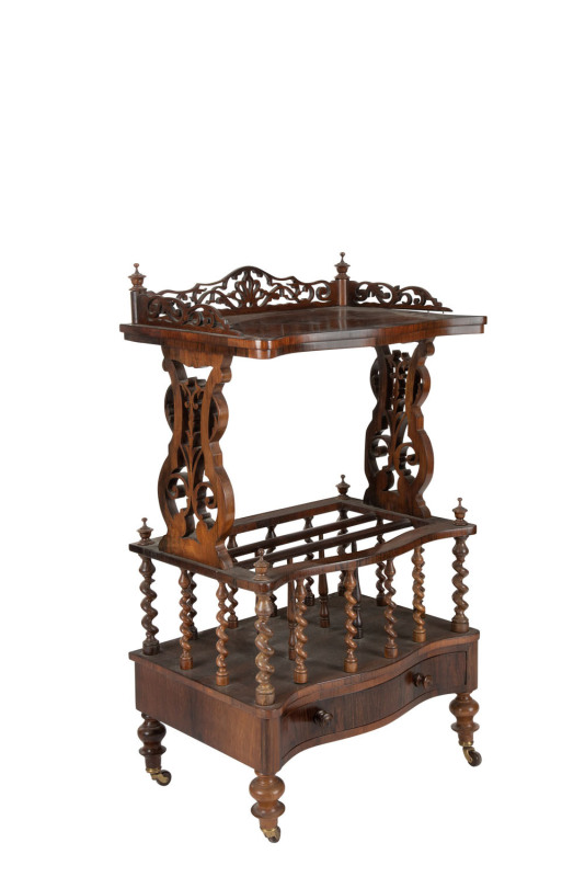 An antique English wotnot, burr walnut with barley twist columns and serpentine front, circa 1860, ​101cm high, 57cm wide, 40cm deep