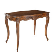 A French Louis XV style table with side drawer, carved walnut, 74cm high, 98cm wide, 60cm deep