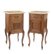 A pair of French bedside cabinets, carved oak with marble tops, 20th century, ​85cm high, 43cm wide, 42cm deep