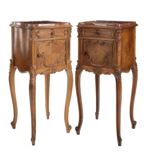 A pair of French bedside cabinets, carved and parquetry walnut with rouge marble tops, early 20th century, 90cm high, 40cm wide, 40cm deep