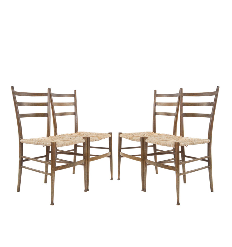 Four English provincial ladderback dining chairs, beech with handwoven rush seats, 19th century