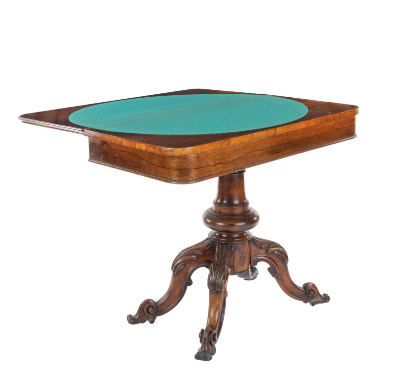 An English fold-over card table, rosewood, circa 1870, 74cm high, 92cm wide, 45cm deep