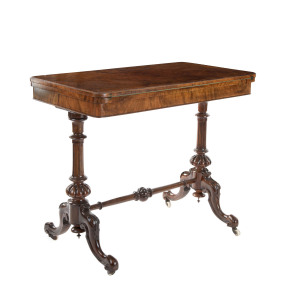 An antique fold over card table, burr walnut, English, circa 1875, 72cm high, 87cm wide, 48cm deep