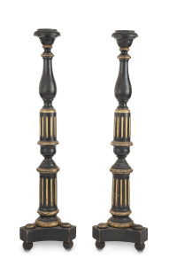 A pair of Florentine pedestals, turned and ebonised wood with gilded highlights, 19th century, 127cm high