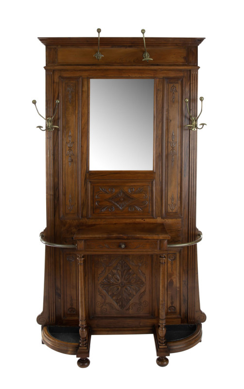 A French provincial hall stand, walnut and brass, 19th century, Bordeaux label verso, 104cm high, 111cm wide, 33cm deep