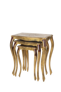 A nest of three Florentine coffee tables, mid 20th century, the largest 59cm high, 51cm wide, 34cm deep