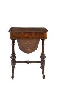 An antique English sewing table, burr walnut with string inlay, 19th century, ​72cm high, 56cm wide, 41cm deep