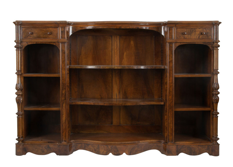 English burr walnut bookshelves with serpentine front, circa 1875, 122cm high, 186cm wide, 43cm deep