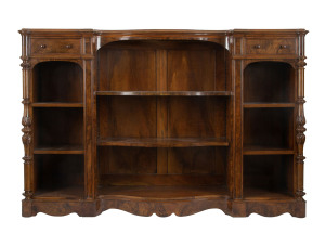 English burr walnut bookshelves with serpentine front, circa 1875, 122cm high, 186cm wide, 43cm deep