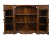 English burr walnut bookshelves with serpentine front, circa 1875, 122cm high, 186cm wide, 43cm deep