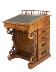 An English ladies davenport, burr walnut with leather top and birch fitted interior, 19th century, 85cm high, 60cm wide, 65cm deep