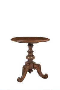 A circular wine table, walnut and hardwood, 19th century base with later top, 51cm high, 51cm diameter