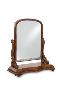 An antique toilet mirror with serpentine front, carved and flame mahogany, circa 1875, 80cm high, 72cm wide, 31cm deep