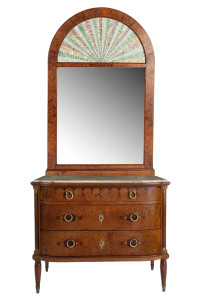 A.M.E. FOURNIER French commode and dressing mirror, amboyna and kingwood with marble top and ormolu mounts and handles, stamped "Fournier", early 20th century, insert panels to mirror replaced with later coloured paper collage panel, original hand painted panel (damaged) in drawer, commode 86cm high, 104cm wide, 54cm deep, the mirror 156cm high, 96cm wide