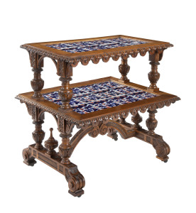 A servery table, two tier carved walnut with imari patterned tiled tops, Northern France, 19th century, 75cm high, 76cm wide, 61cm deep