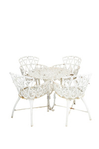 A five piece garden setting, white painted cast iron, mid 20th century, the table 84cm diameter