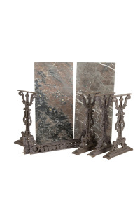 A pair of French garden tables, painted cast iron with marble tops, mid 19th century, 74cm high, 107cm wide, 51cm deep