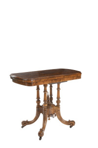 A late Victorian fold over card table, burr walnut and amboyna, circa 1890, 74cm high, 92cm wide, 44cm deep