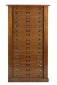 Industrial plan drawers, chest of sixteen drawers, Victorian ash, circa 1900, 166cm high, 90cm wide, 53cm deep