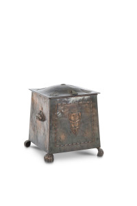 An English Arts & Crafts coal bin, copper and brass, circa 1900, 38cm high