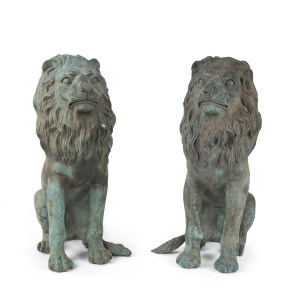 A pair of bronze garden lions, 19th/20th century, 48cm high