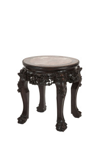A Chinese circular side table, carved rosewood and marble, early to mid 20th century, 46cm high, 46cm diameter