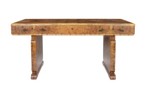 An Austrian Art Deco desk, burr walnut, circa 1930, 80cm high, 170cm wide, 80cm deep