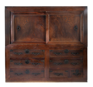 A Japanese dresser, cypress and elm, Meiji period, two sectional, 170cm high, 188cm wide, 69cm deep