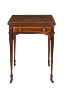 A Sheraton revival envelope card table, mahogany and satinwood, circa 1900, 76cm high, 54cm wide, 54cm deep