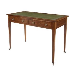 A Sheraton revival ladies desk with embossed leather top, mahogany with string inlay, early 20th century, ​74cm high, 107cm wide, 56cm wide