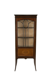 A Sheraton Revival display cabinet with sabre legs, mahogany with marquetry inlay, circa 1910, 167cm high, 65cm wide, 33cm deep