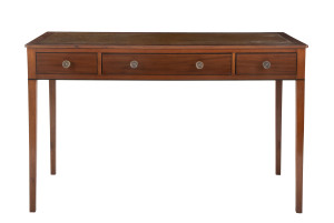 A Georgian style three drawer writing table, mahogany with brown tooled leather top, late 19th century, ​75cm high, 122cm wide, 54cm deep