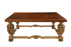 An Italian marquetry top coffee table with finely carved and gilded base, mid 20th century, ​48cm high, 120cm wide, 119cm deep