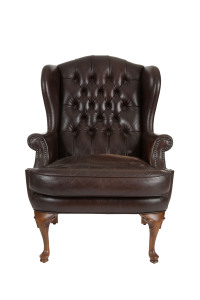 MORAN burgundy leather wingback armchair, late 20th century, 79cm across the arms