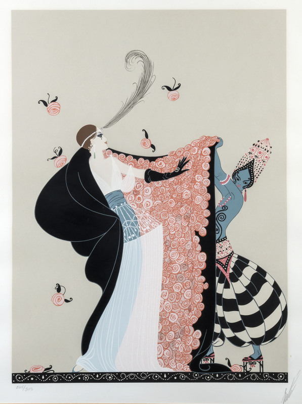 ERTE, Romain De Tirtoff, (1892-1990) The Flowered Cape serigraph 264/300 signed in pencil lower right "Erte" 58 x 42cm PROVENANCE: Sue Silver Collection, Melbourne. Silver represented Erte in his last Melbourne exhibition at Silver K Gallery in High Stre