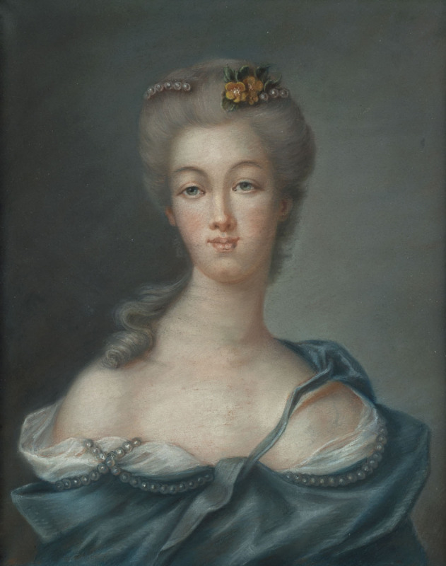 ARTIST UNKNOWN (19th century French), portrait of a lady in a blue dress, gouache on paper, ​60cm x 49cm