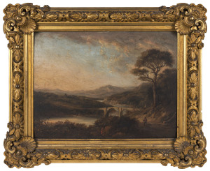 British School (19th century), landscape with bridge, oil on board, ​32 x 42cm